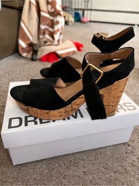 Black Suede Cork Wedge Sandals with Ankle Strap